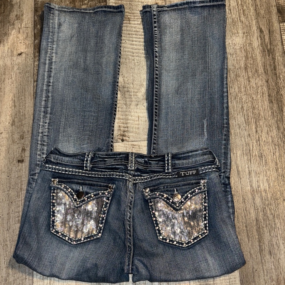 Cowgirl Tuff Blue Boot Cut Jeans with Embellished Pockets-size 30x33